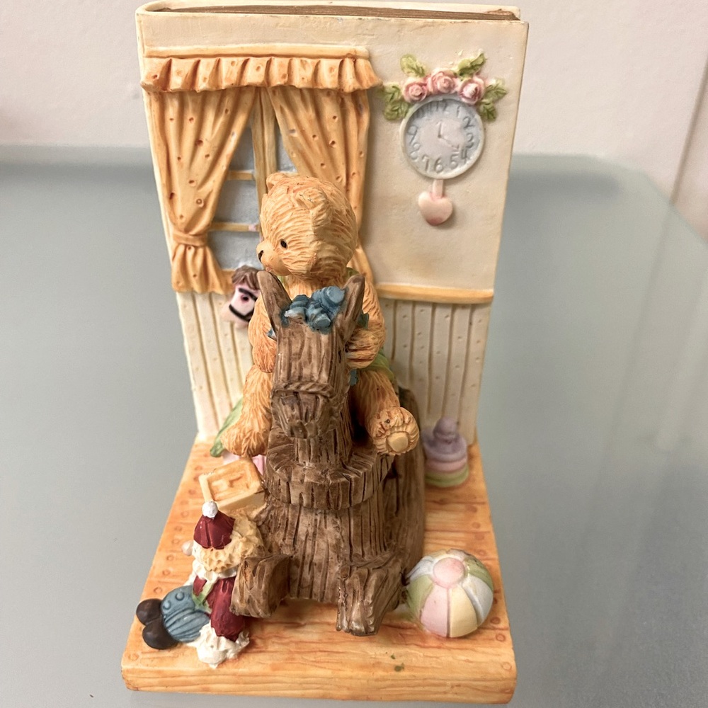 Teddy Bear Boy Rocking Horse Hand Painted Resin Bookend For Child Baby Room